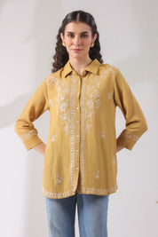 Women’s Cotton Linen Yellow Color Embroidered Top - Nyaro