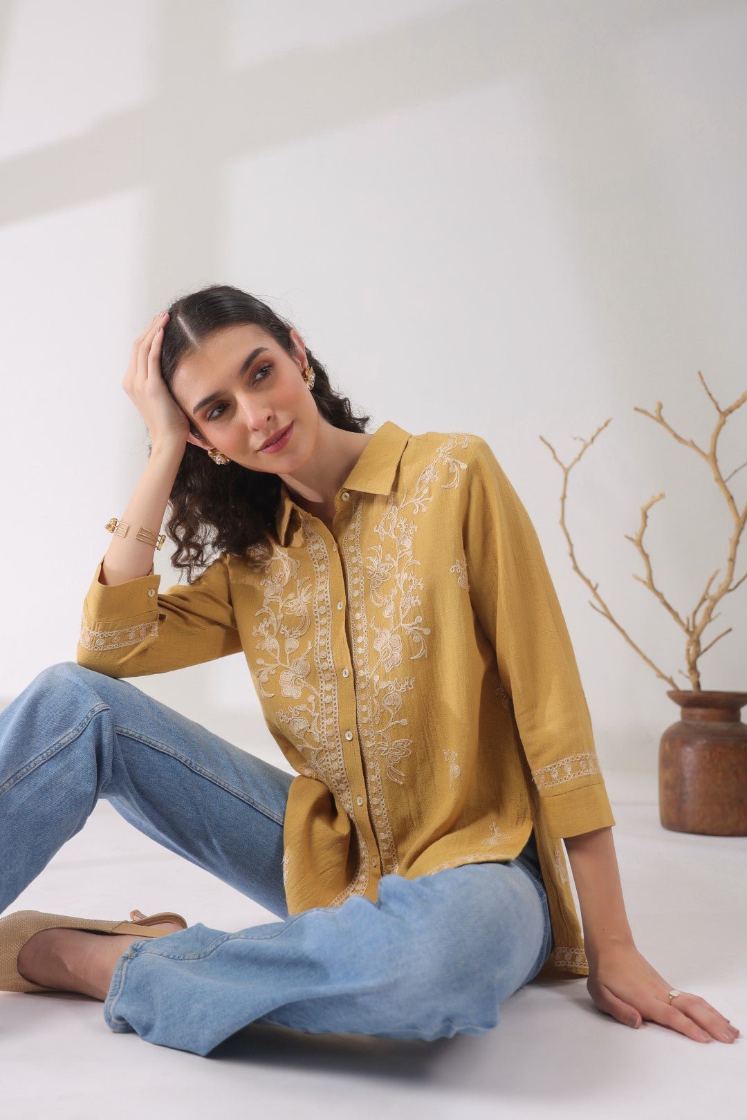 Women’s Cotton Linen Yellow Color Embroidered Top - Nyaro