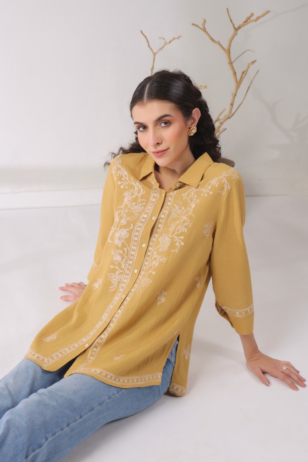 Women’s Cotton Linen Yellow Color Embroidered Top - Nyaro
