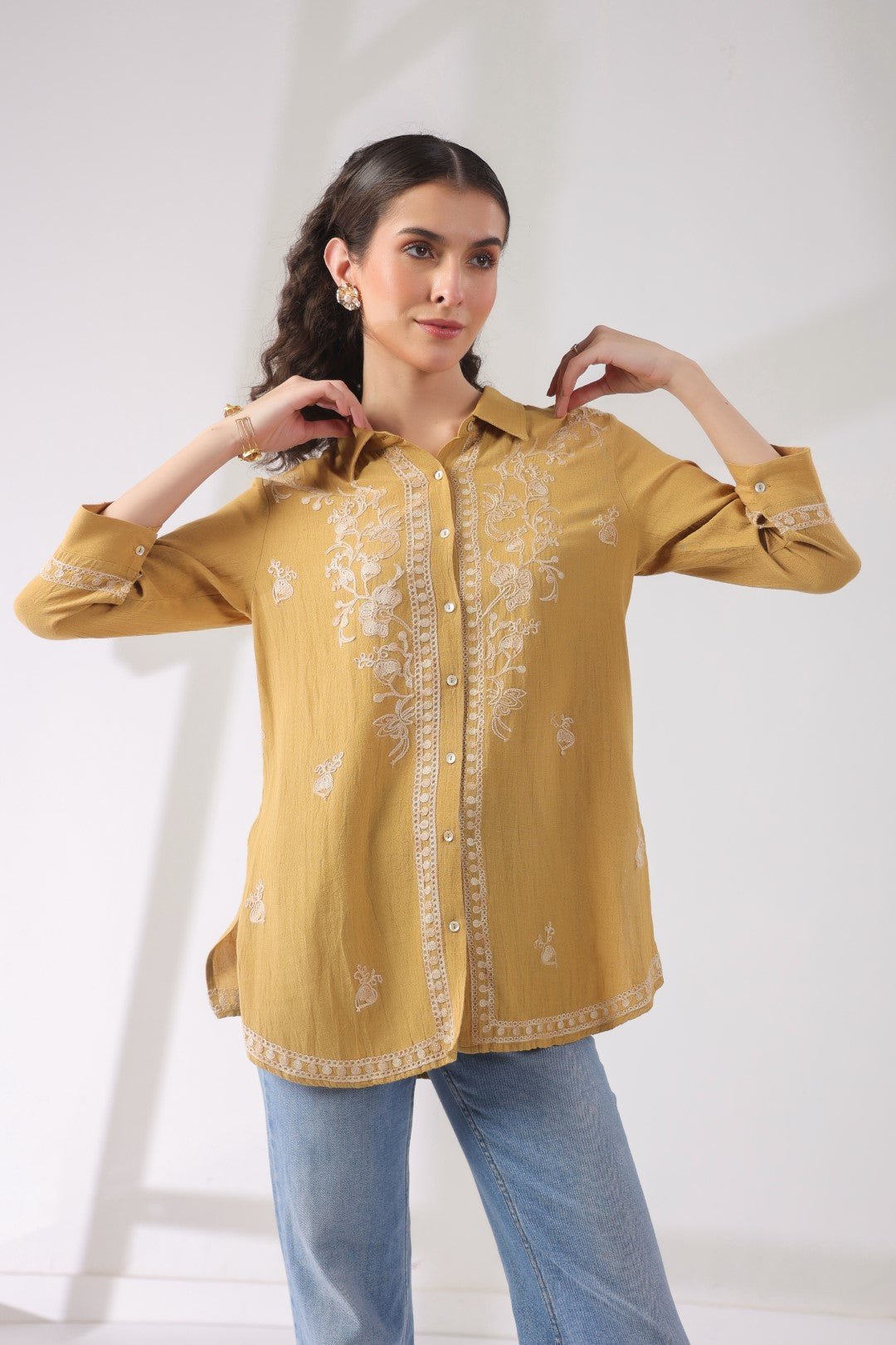 Women’s Cotton Linen Yellow Color Embroidered Top - Nyaro