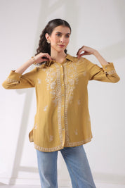 Women’s Cotton Linen Yellow Color Embroidered Top - Nyaro