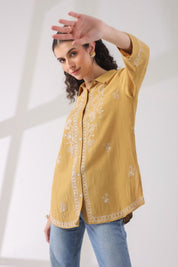 Women’s Cotton Linen Yellow Color Embroidered Top - Nyaro