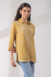 Women’s Cotton Linen Yellow Color Embroidered Top - Nyaro
