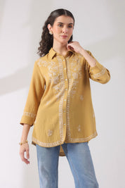 Women’s Cotton Linen Yellow Color Embroidered Top - Nyaro