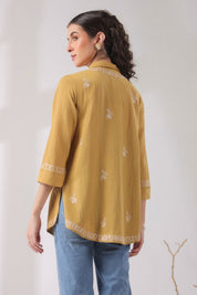 Women’s Cotton Linen Yellow Color Embroidered Top - Nyaro