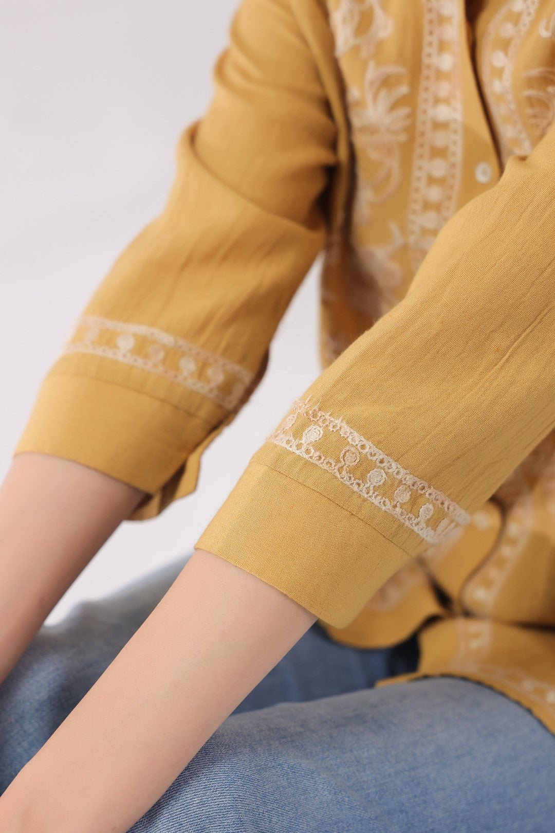 Women’s Cotton Linen Yellow Color Embroidered Top - Nyaro