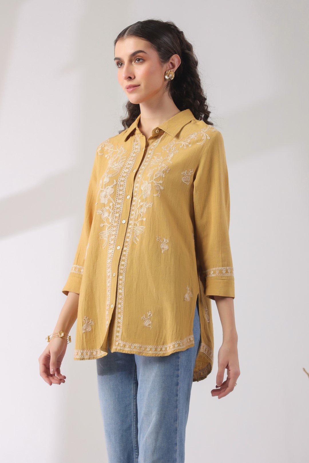 Women’s Cotton Linen Yellow Color Embroidered Top - Nyaro