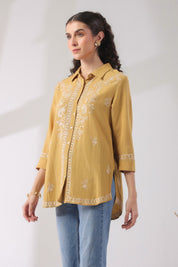 Women’s Cotton Linen Yellow Color Embroidered Top - Nyaro