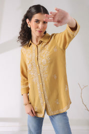 Women’s Cotton Linen Yellow Color Embroidered Top - Nyaro