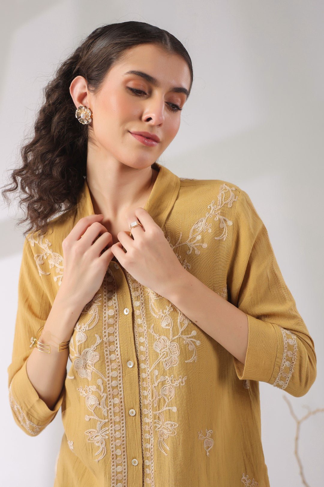 Women’s Cotton Linen Yellow Color Embroidered Top - Nyaro
