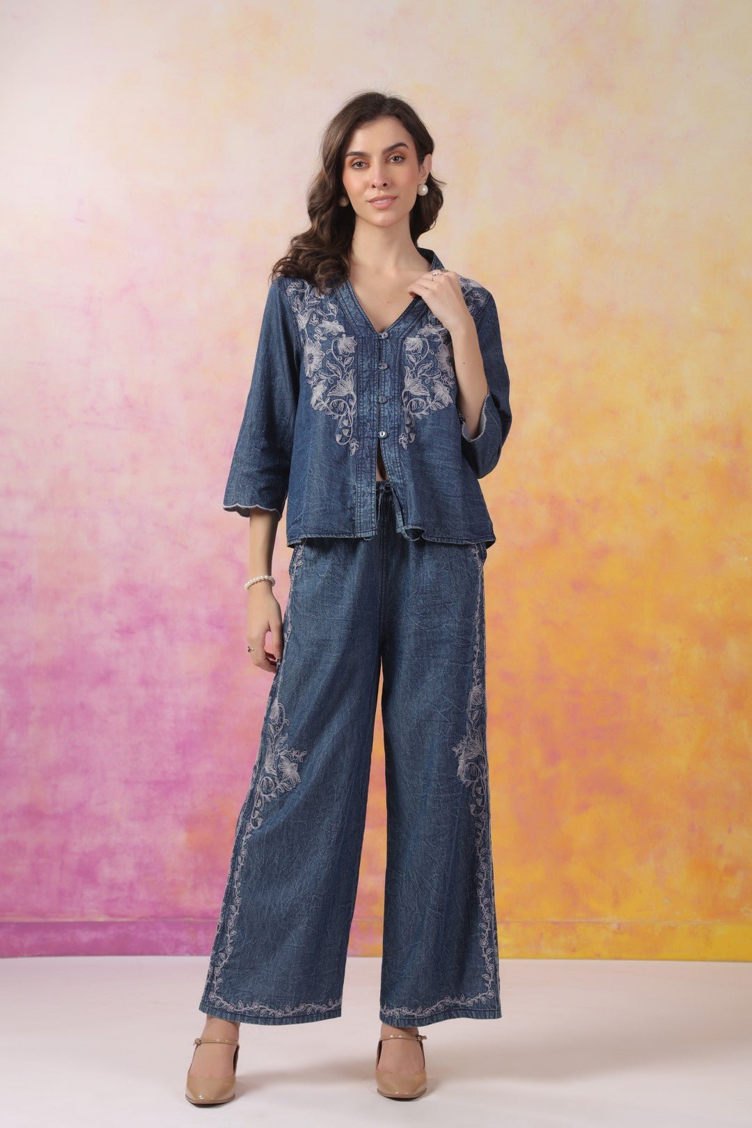 Women’s Denim Blue Color Embroidered Co - Ord Set: - Nyaro