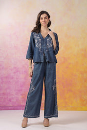 Women’s Denim Blue Color Embroidered Co - Ord Set: - Nyaro