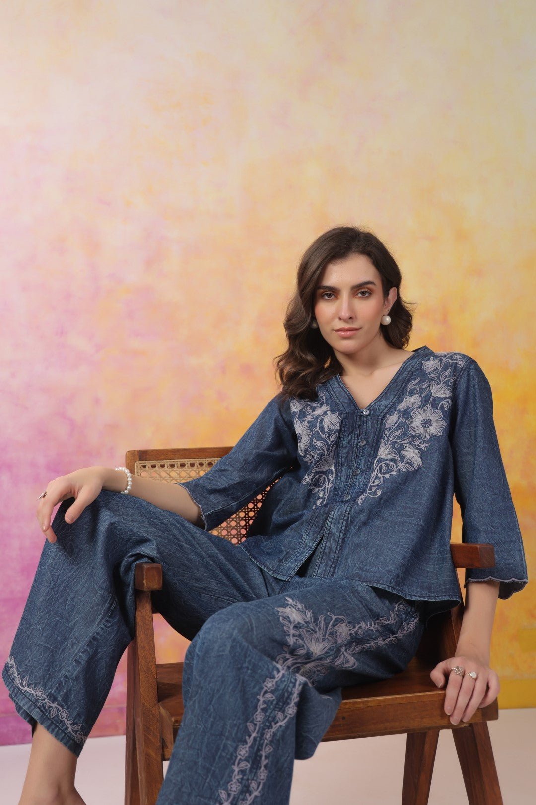 Women’s Denim Blue Color Embroidered Co - Ord Set: - Nyaro