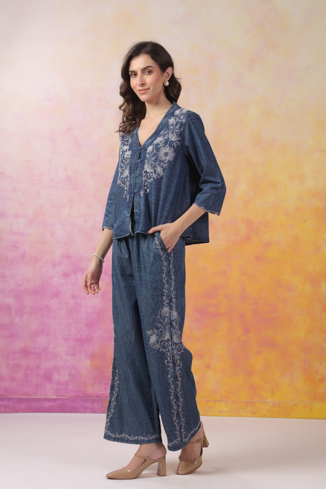 Women’s Denim Blue Color Embroidered Co - Ord Set: - Nyaro