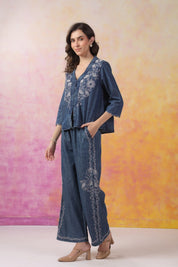 Women’s Denim Blue Color Embroidered Co - Ord Set: - Nyaro