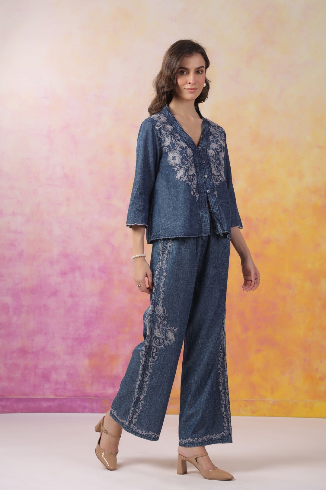 Women’s Denim Blue Color Embroidered Co - Ord Set: - Nyaro