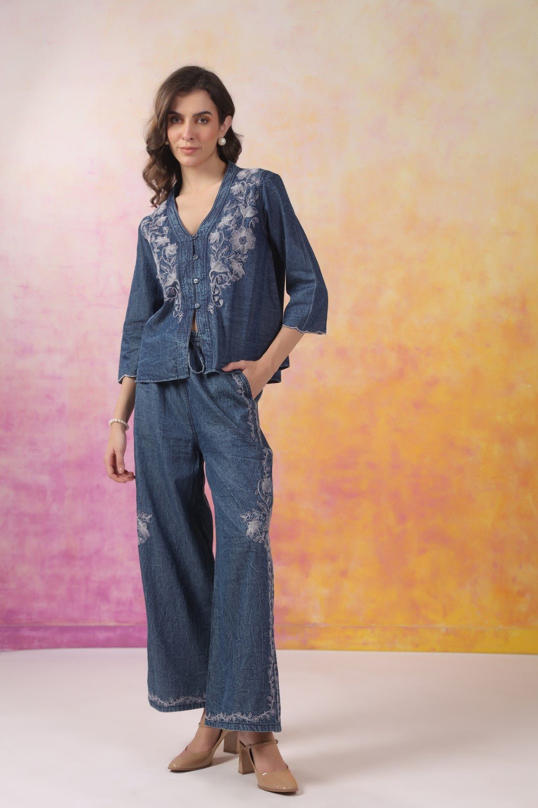 Women’s Denim Blue Color Embroidered Co - Ord Set: - Nyaro