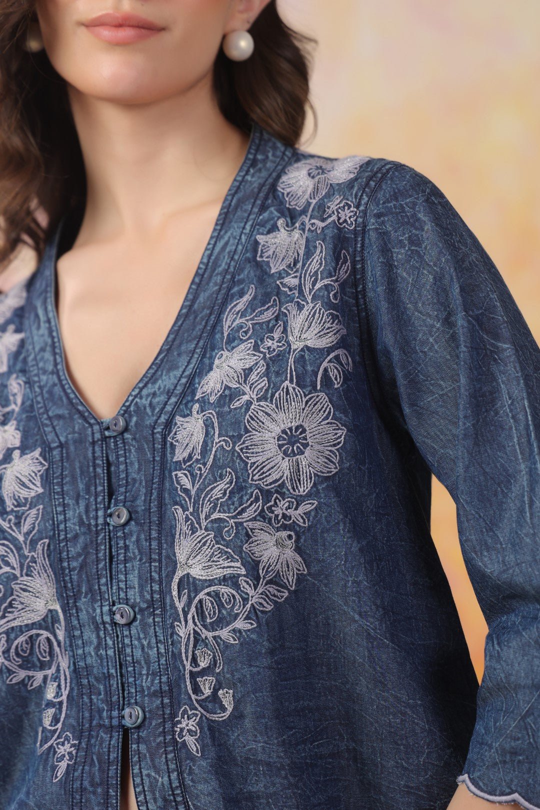 Women’s Denim Blue Color Embroidered Co - Ord Set: - Nyaro