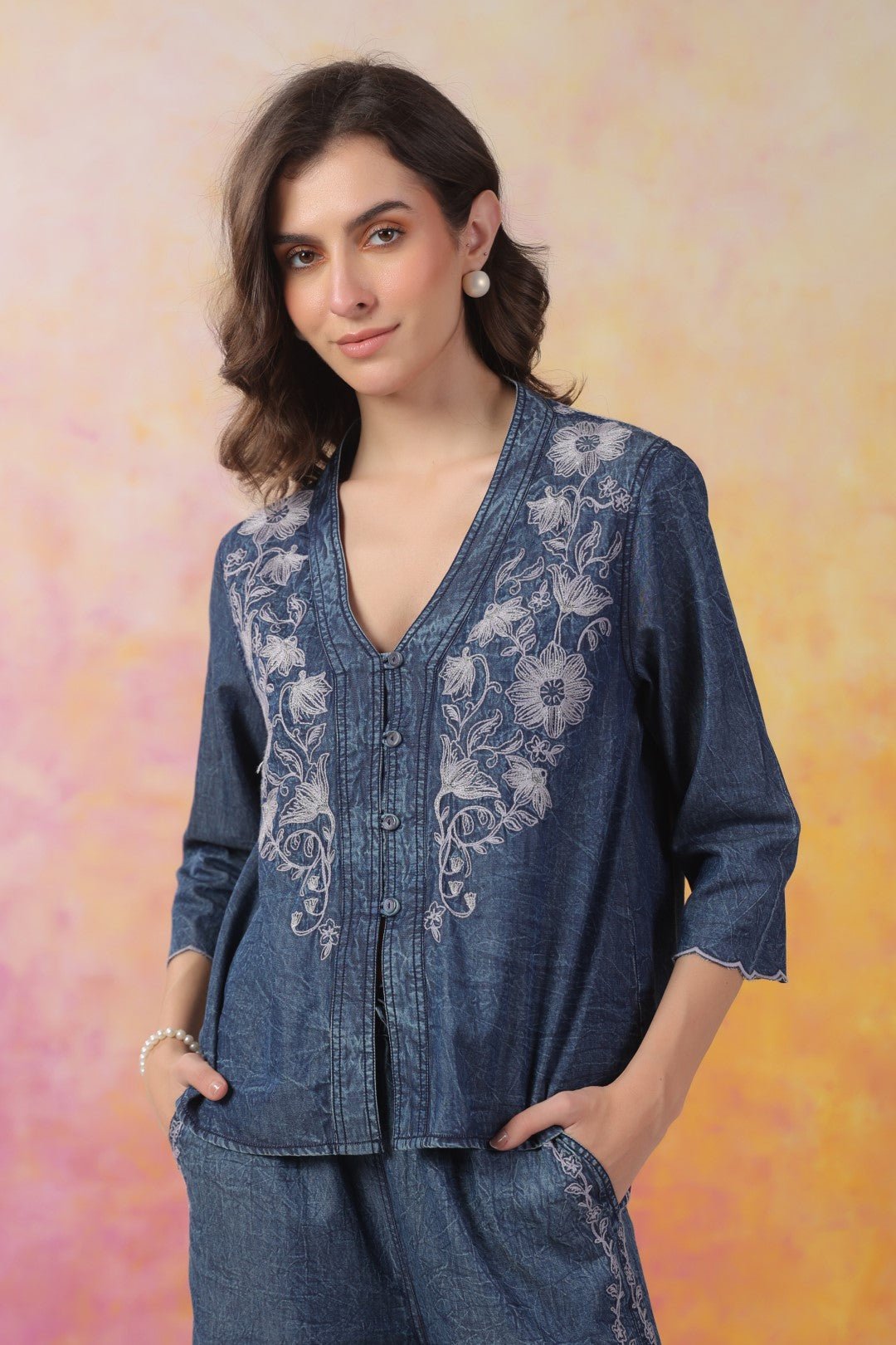 Women’s Denim Blue Color Embroidered Co - Ord Set: - Nyaro