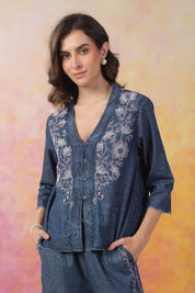 Women’s Denim Blue Color Embroidered Co - Ord Set: - Nyaro