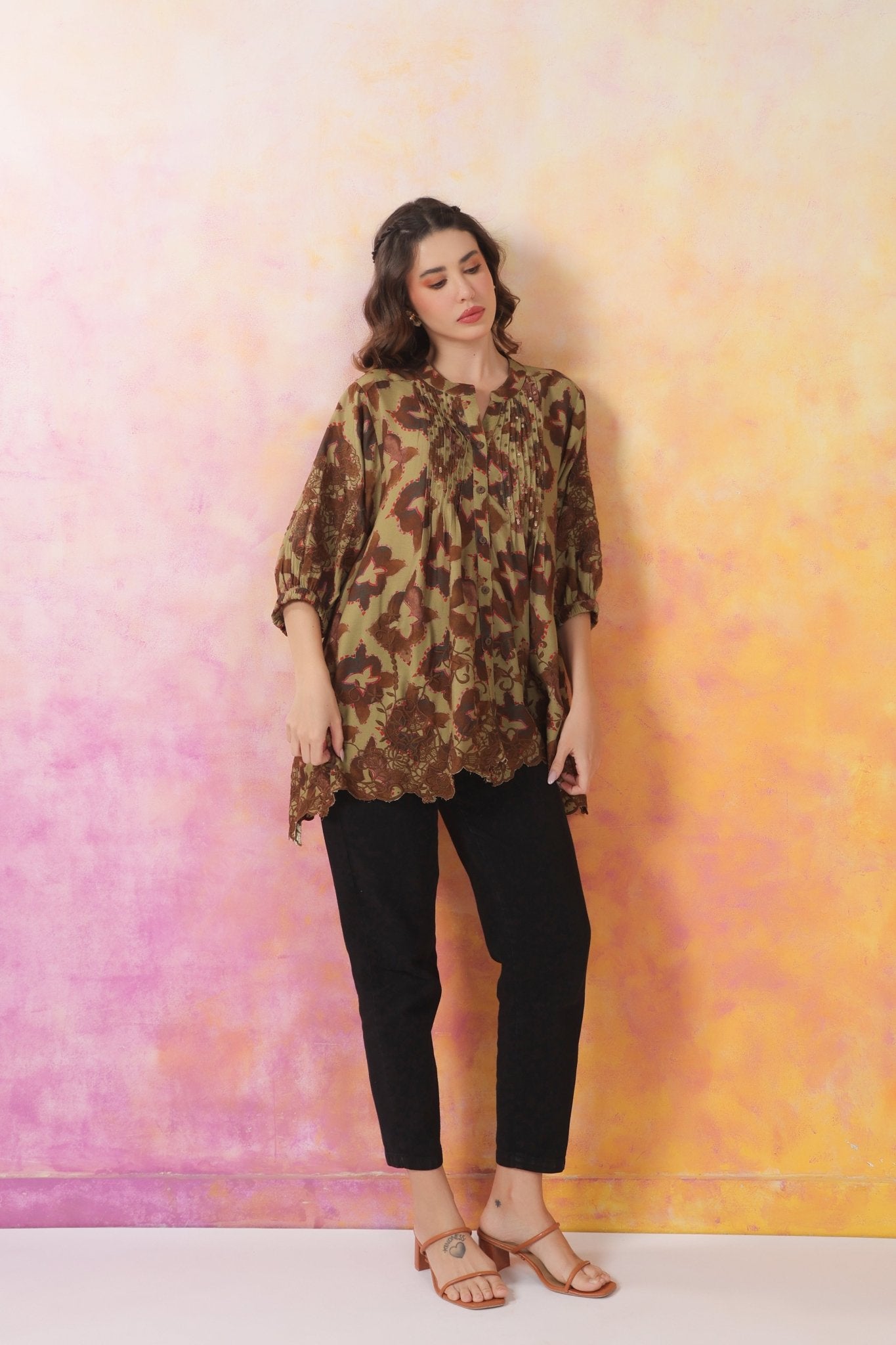 Women’s Green Color Rayon Printed Top with Cut Work Embroidery - Nyaro