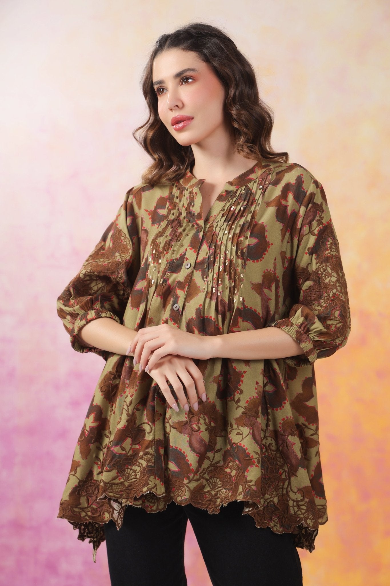 Women’s Green Color Rayon Printed Top with Cut Work Embroidery - Nyaro