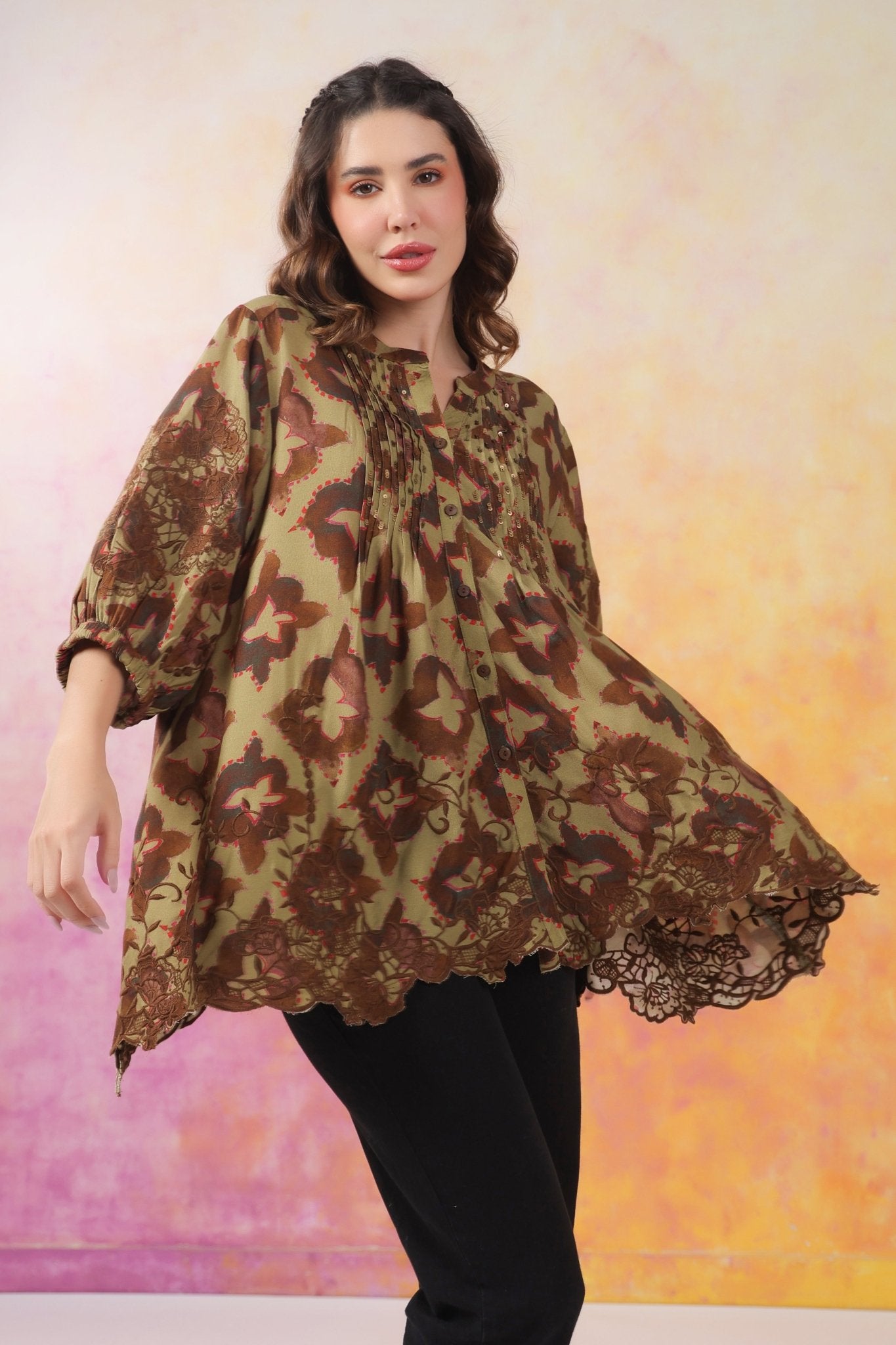Women’s Green Color Rayon Printed Top with Cut Work Embroidery - Nyaro