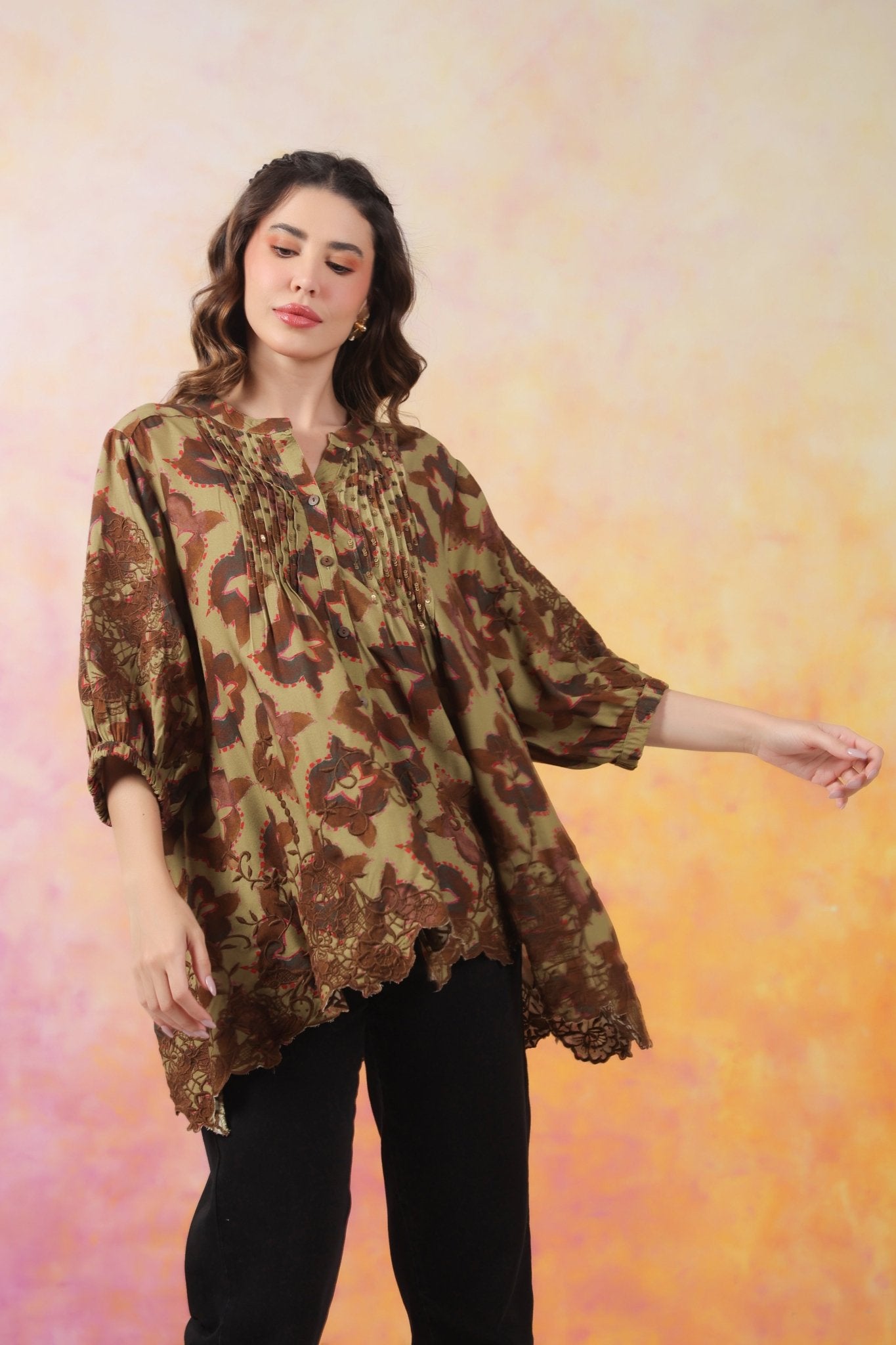 Women’s Green Color Rayon Printed Top with Cut Work Embroidery - Nyaro