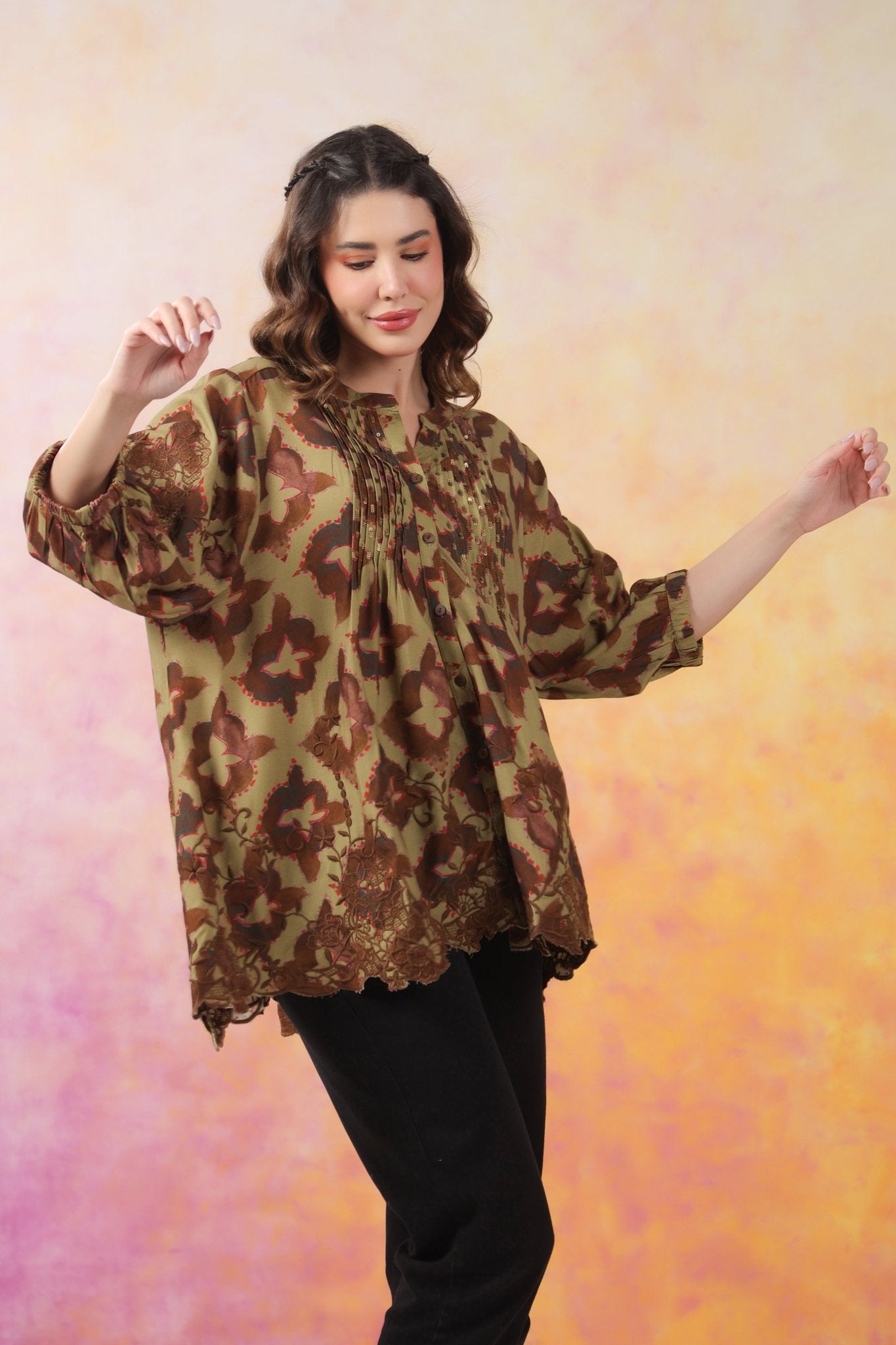 Women’s Green Color Rayon Printed Top with Cut Work Embroidery - Nyaro