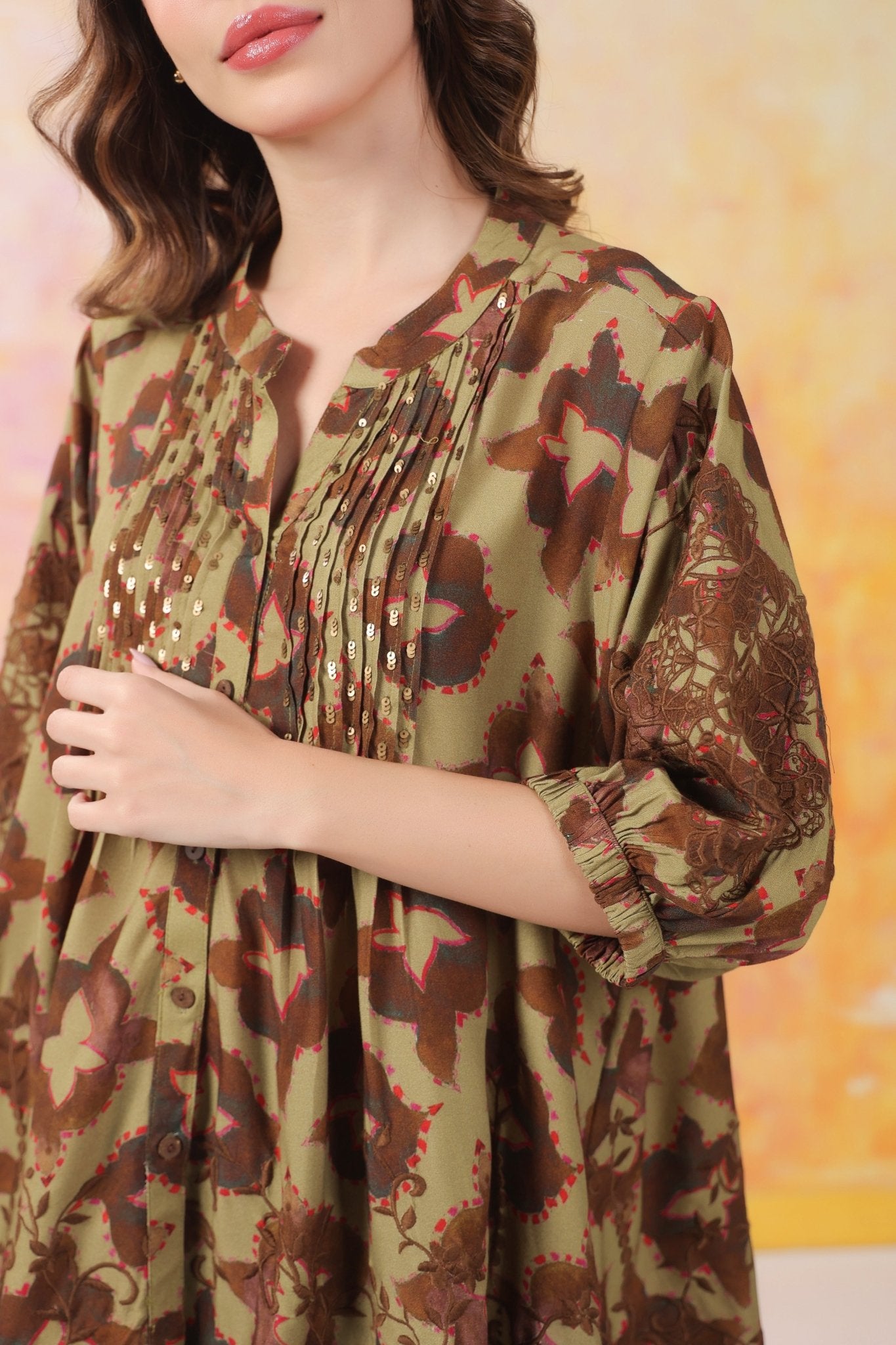 Women’s Green Color Rayon Printed Top with Cut Work Embroidery - Nyaro