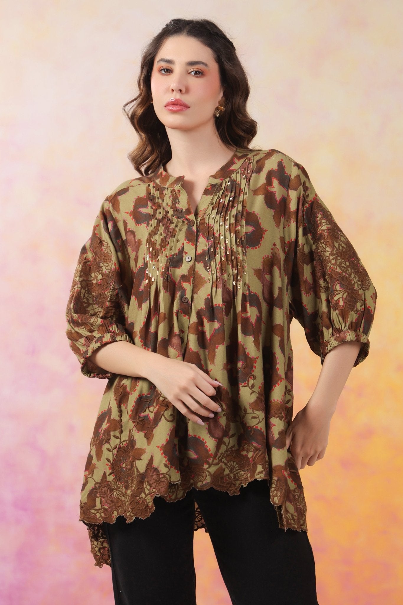 Women’s Green Color Rayon Printed Top with Cut Work Embroidery - Nyaro