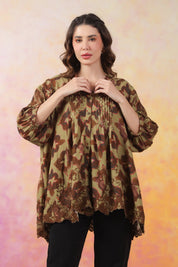 Women’s Green Color Rayon Printed Top with Cut Work Embroidery - Nyaro