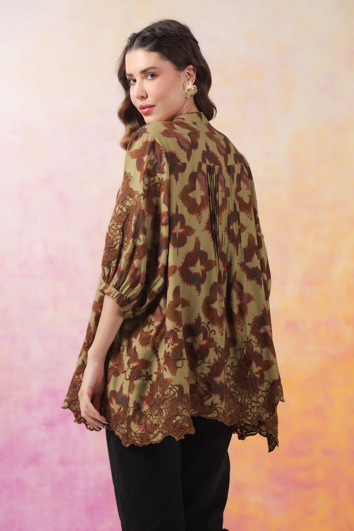 Women’s Green Color Rayon Printed Top with Cut Work Embroidery - Nyaro
