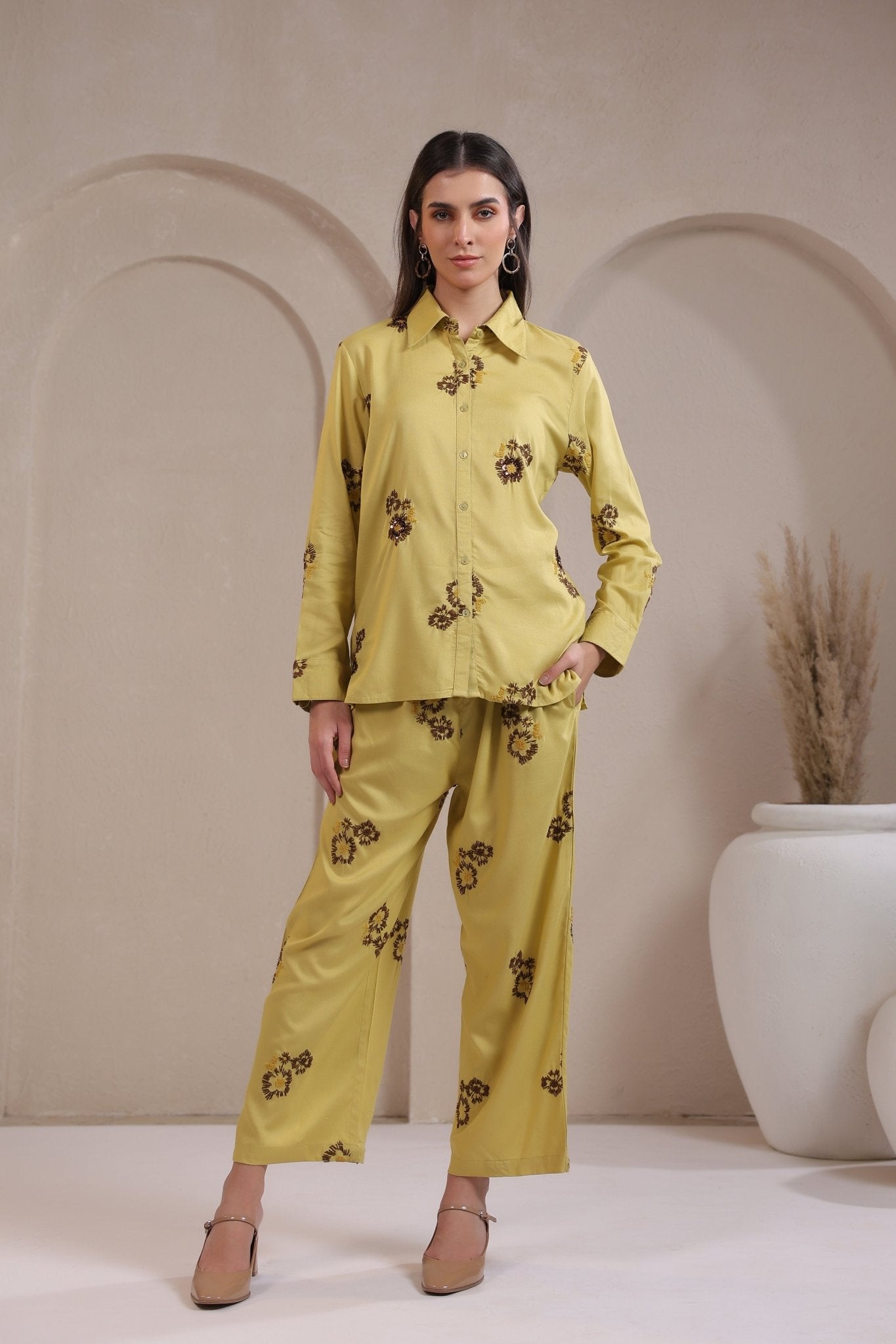 Women's Green Machine Embroidered & Hand Work Rayon Co - Ord Set - Nyaro