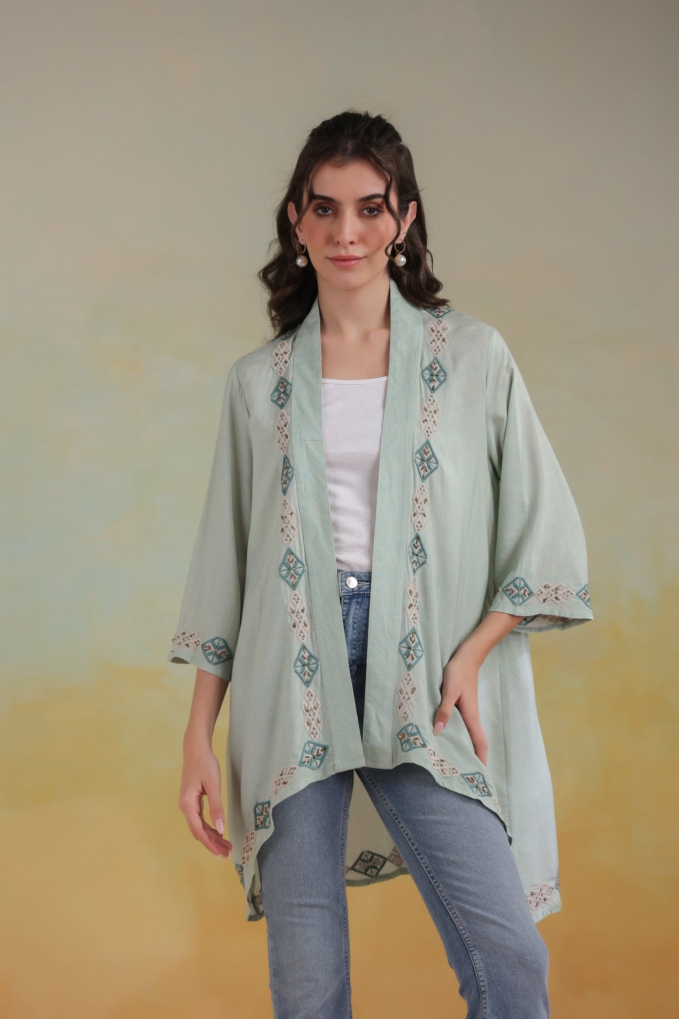 Women’s Green Viscose Rayon Embroidered Shrug - Nyaro