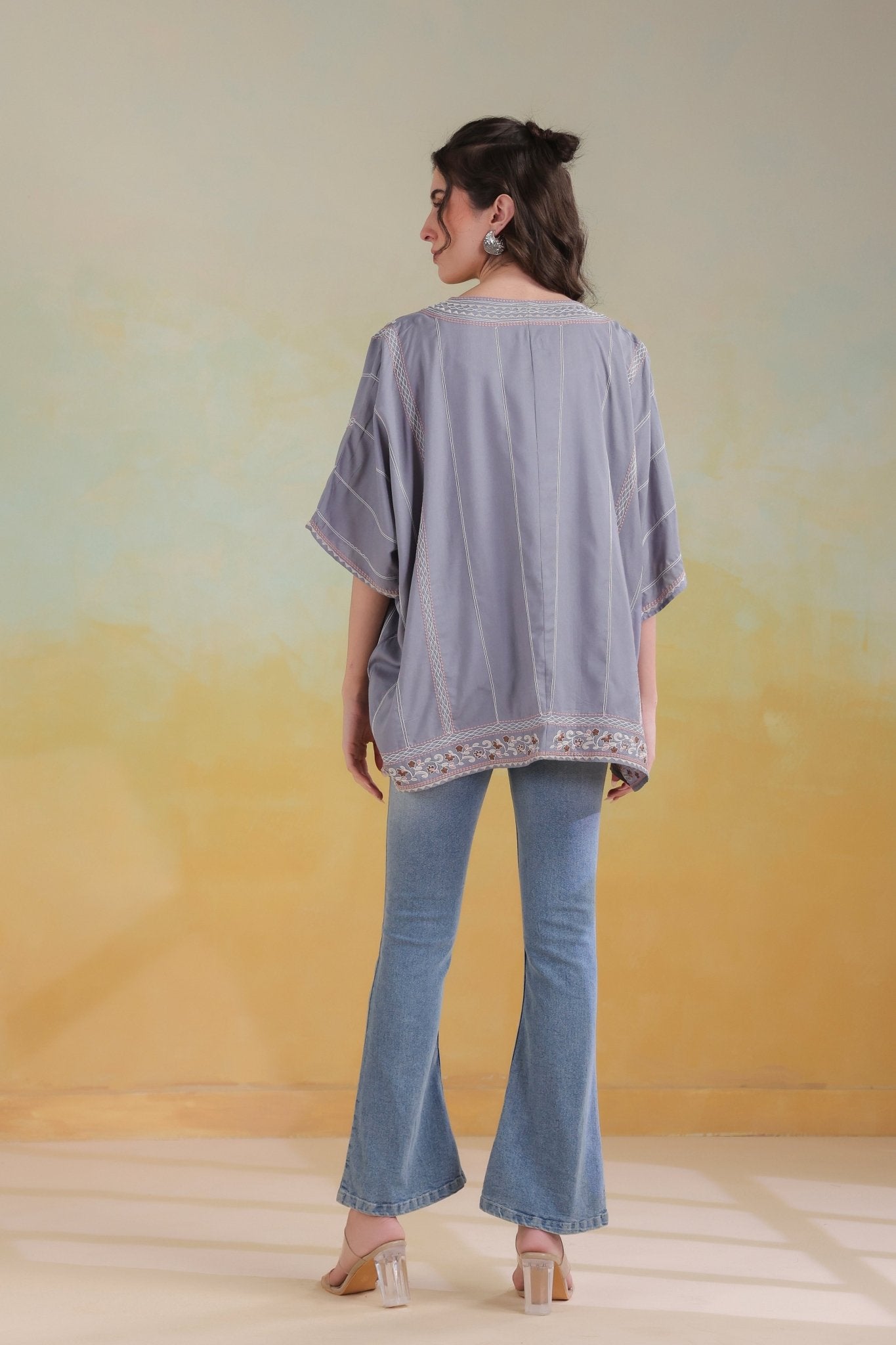Women’s Grey Rayon Printed Embroidered Shrug - Nyaro