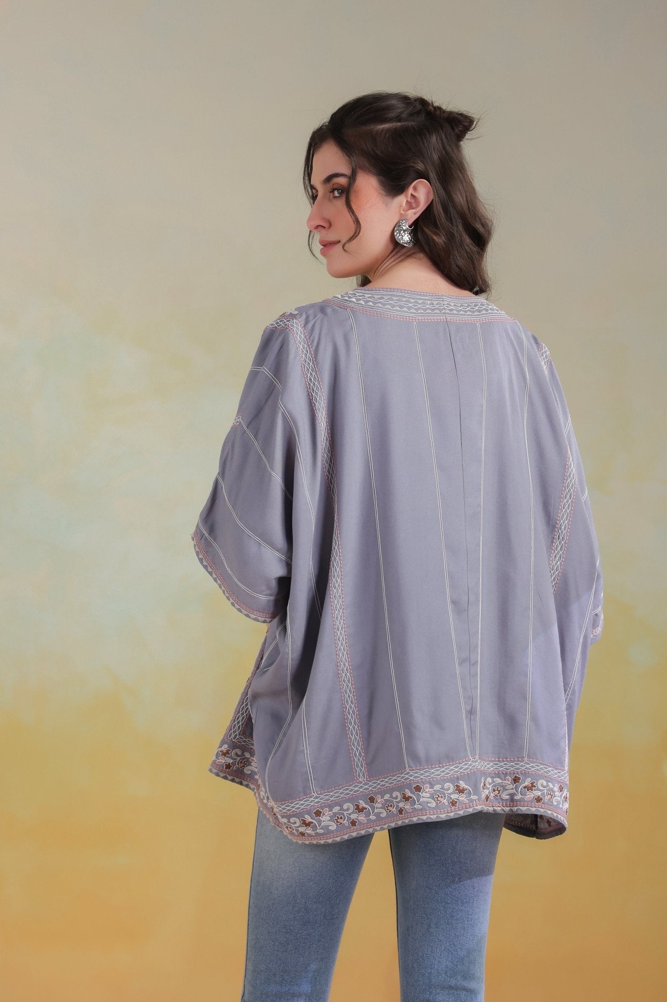 Women’s Grey Rayon Printed Embroidered Shrug - Nyaro