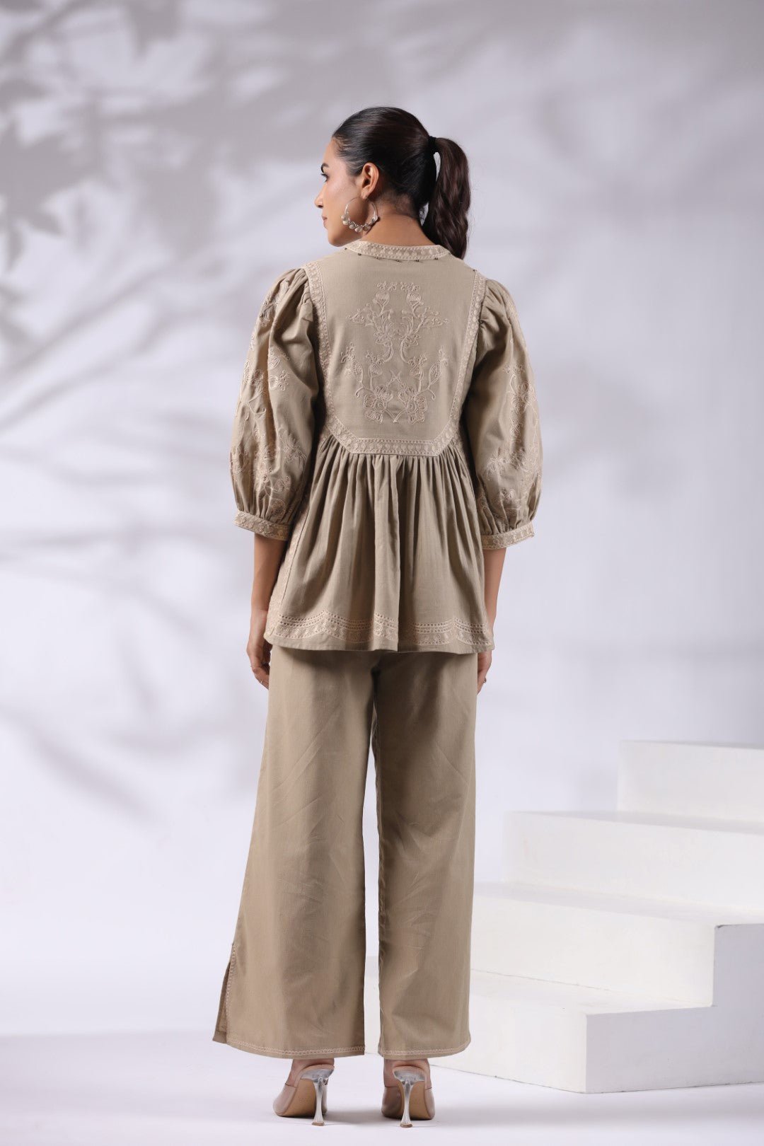 Women's Khaki Embroidered Linen Blend Co - Ord Set - Nyaro