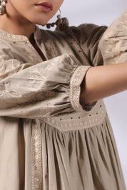 Women's Khaki Embroidered Linen Blend Co - Ord Set - Nyaro