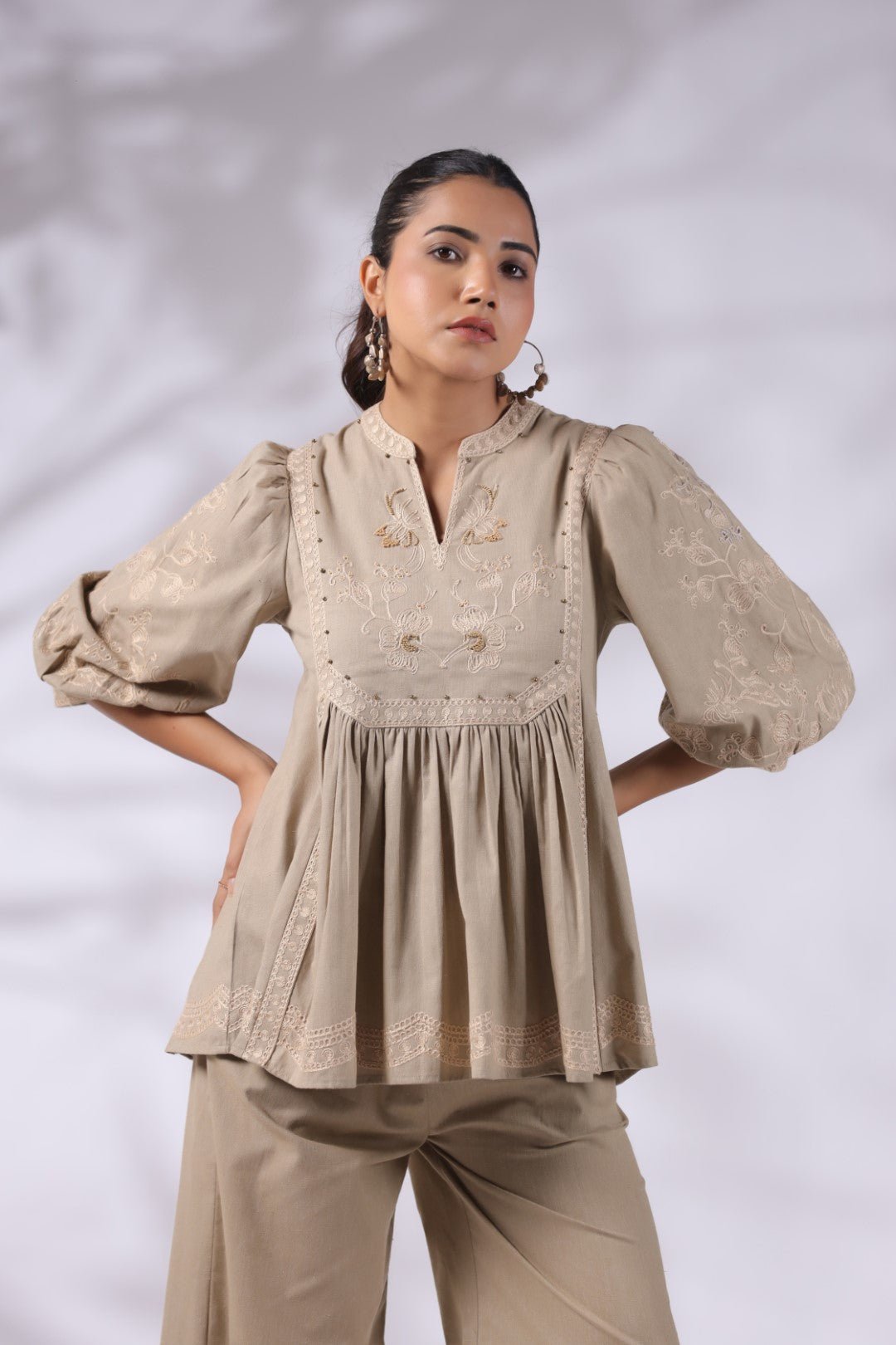Women's Khaki Embroidered Linen Blend Co - Ord Set - Nyaro