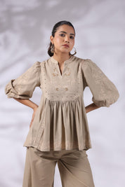Women's Khaki Embroidered Linen Blend Co - Ord Set - Nyaro