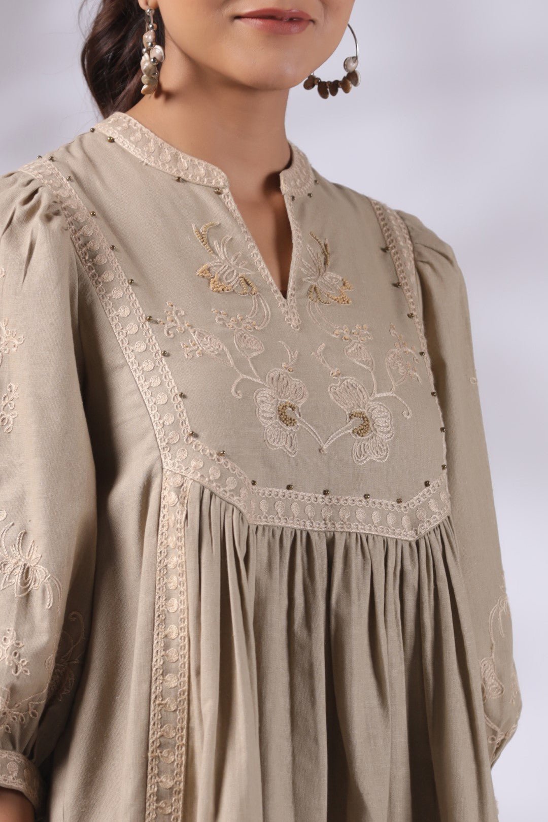 Women's Khaki Embroidered Linen Blend Co - Ord Set - Nyaro