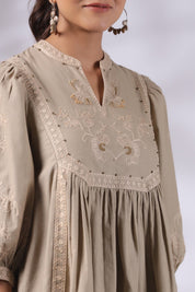 Women's Khaki Embroidered Linen Blend Co - Ord Set - Nyaro
