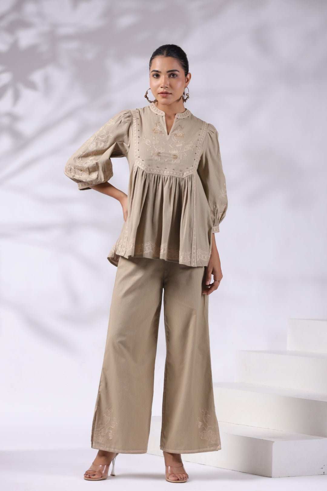 Women's Khaki Embroidered Linen Blend Co - Ord Set - Nyaro