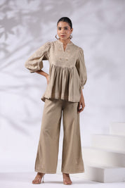 Women's Khaki Embroidered Linen Blend Co - Ord Set - Nyaro
