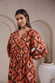 Women’s Orange Printed Cotton Voile Dress with Sequin & Lace Work - Nyaro