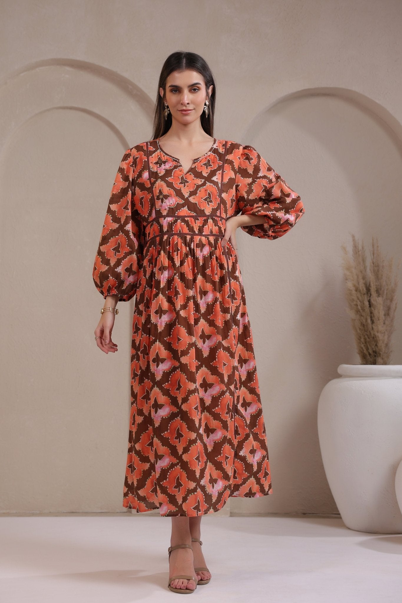 Women’s Orange Printed Cotton Voile Dress with Sequin & Lace Work - Nyaro