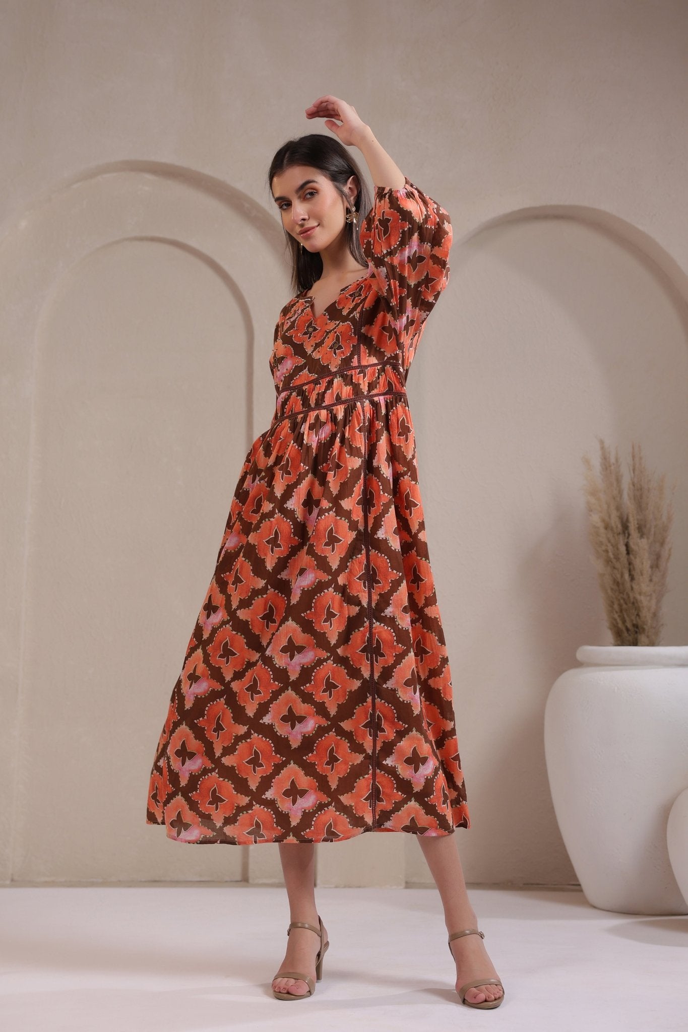 Women’s Orange Printed Cotton Voile Dress with Sequin & Lace Work - Nyaro