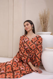 Women’s Orange Printed Cotton Voile Dress with Sequin & Lace Work - Nyaro