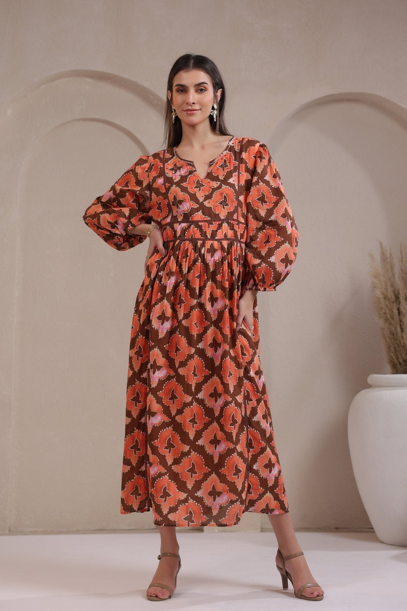 Women’s Orange Printed Cotton Voile Dress with Sequin & Lace Work - Nyaro